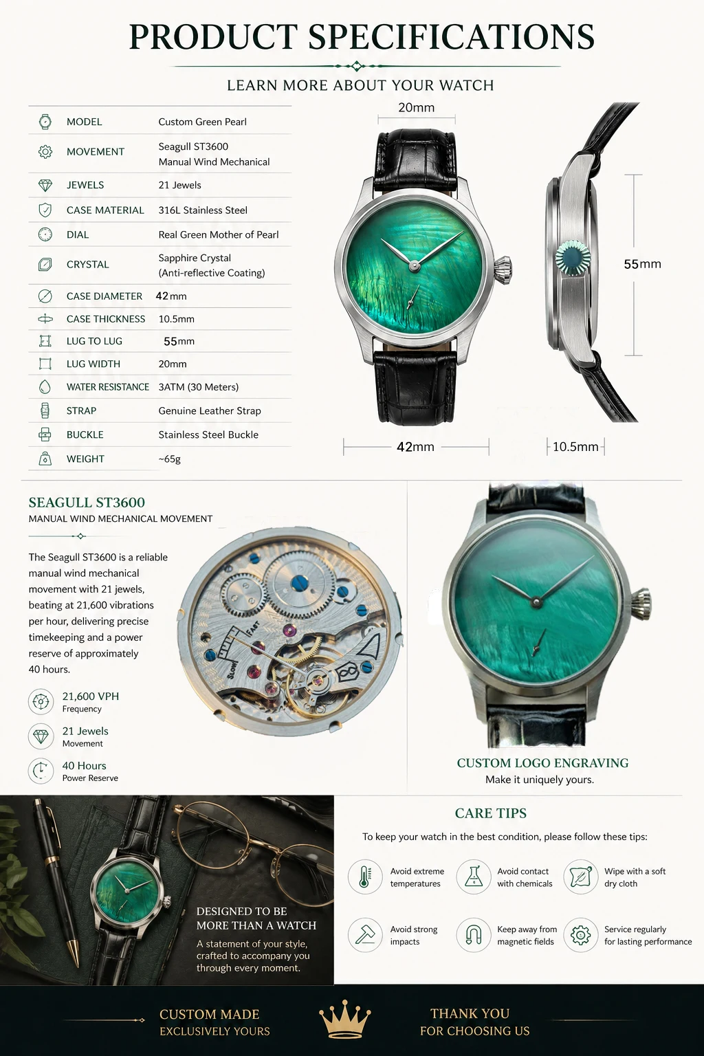Custom Logo Mechanical Watch 42mm Seagull ST3600 Hand Wind Sapphire Crystal Green Mother of Pearl Dial Gift Men