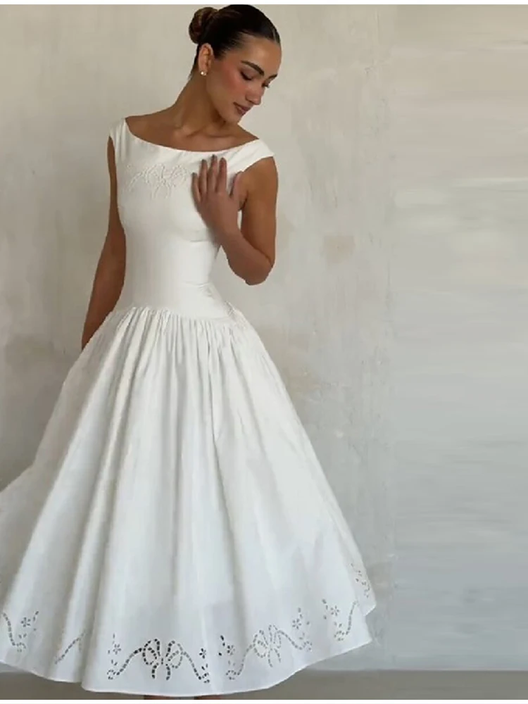 Elegant White Boat Neck Midi Dress Women Minimalist Cap Sleeve A-line Flare Eyelet Embroidery Vestido Wedding  Formal Party Gown