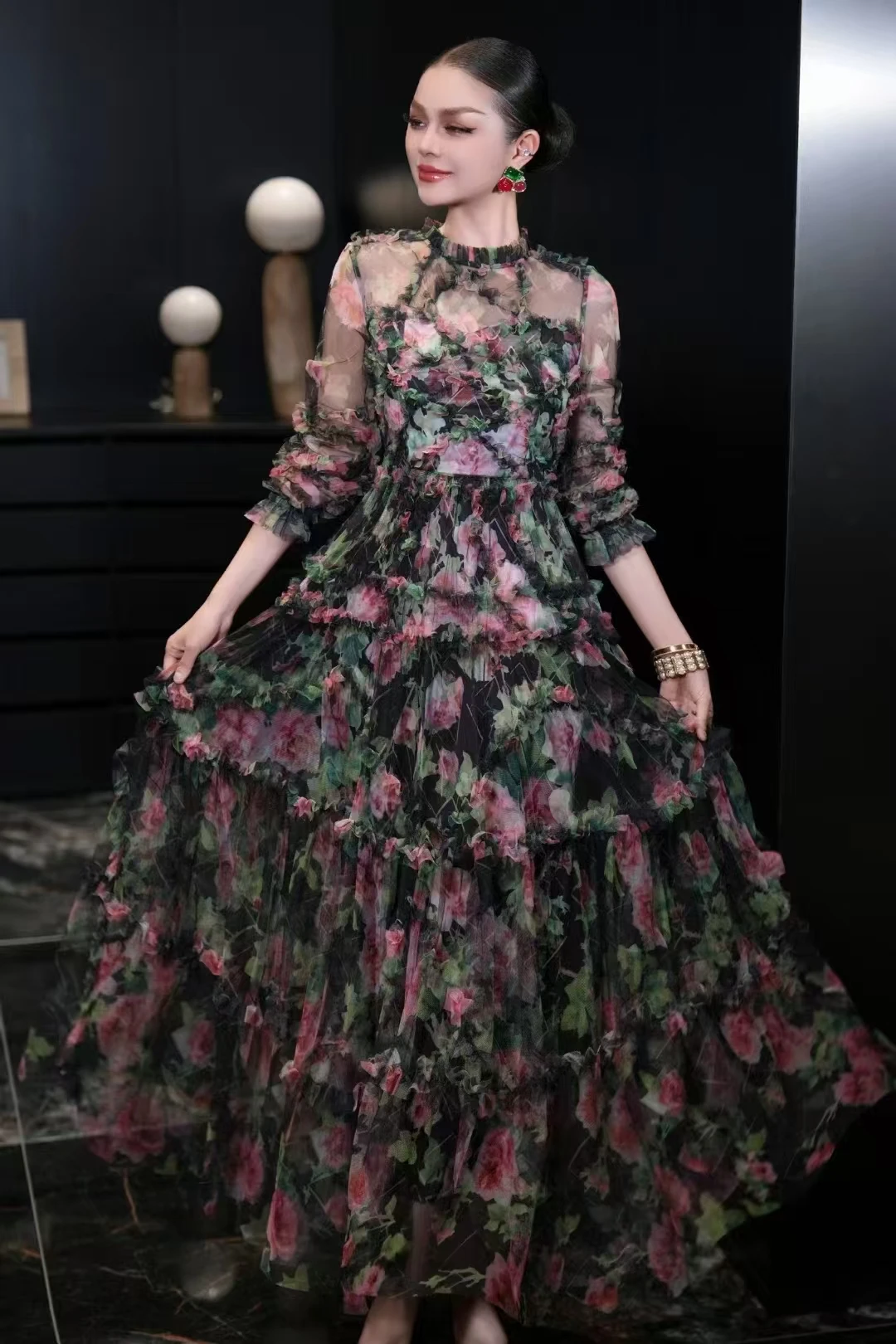 الربيع والصيف س الرقبة منظور بأكمام طويلة الربط الدانتيل الشيفون النسيج الطباعة رومانسية النمط الفرنسي المرأة فستان طويل #2