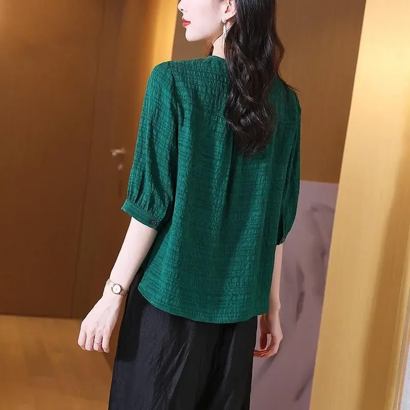 Jesienna Nowa Zielona Bluzka z Bufiastymi Rękawami z Szyfonu Damska Okrągły Dekolt Krótki Rękaw Temperament