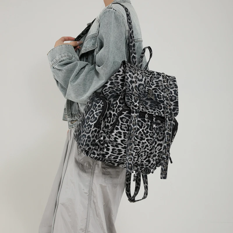 Leopard Colorblock Fashion PU Backpack Large Capacity Flap Drawstring Personalized 2024 Hot Sale Bags for Women Mochila