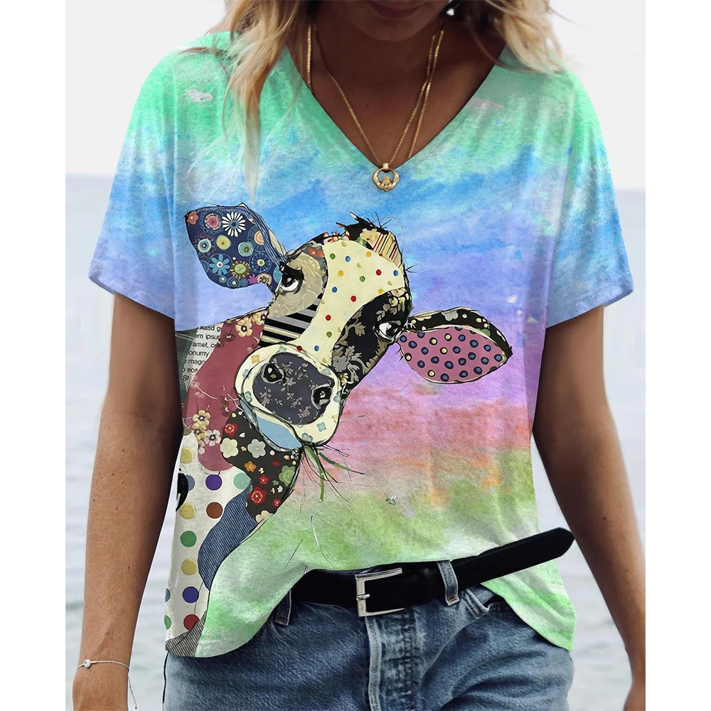 

V-Neck T Shirt Women 3D Cow Animals Print Shirt Summer Women's Short Sleeve T-shirts Casual Cute Style Oversized Female Clothes