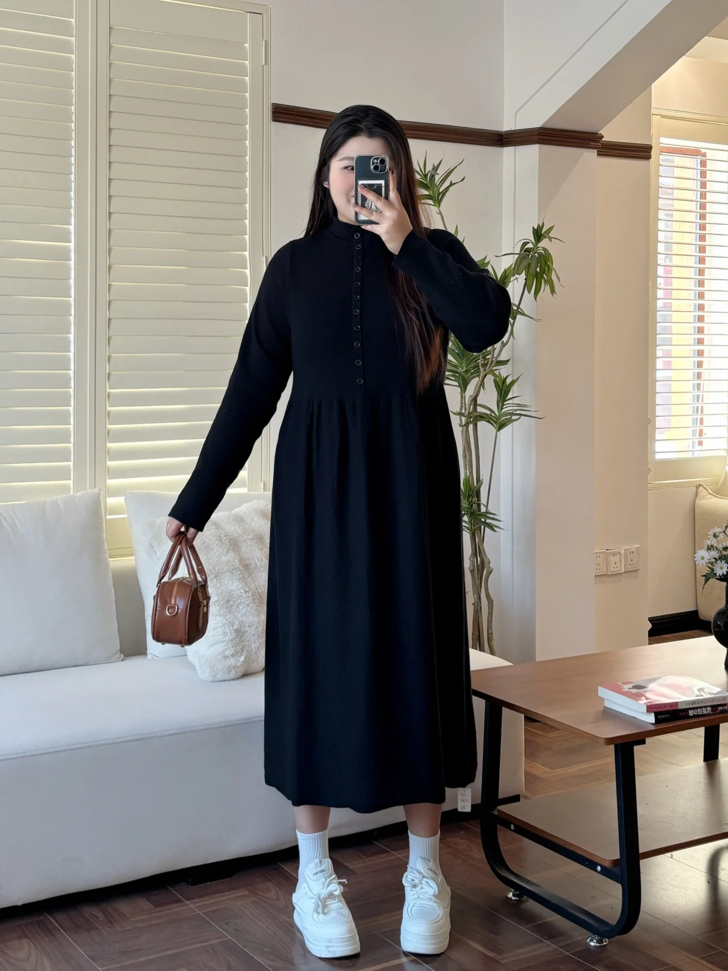 

Вязаное платье-накидка больших размеров с высоким воротником, стройнящее, простое, весеннее, для женщин, в деловом стиле, с юбкой А-силуэта