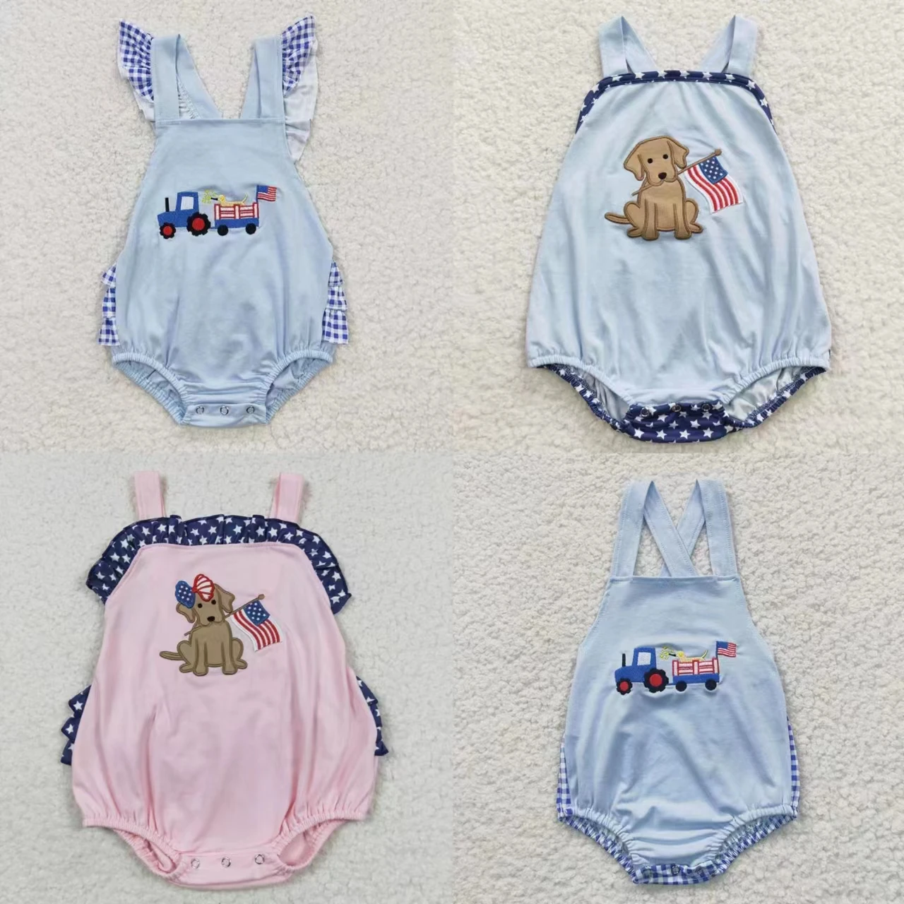 Toddler Newborn Suspender Embroidery Flag Dog Jumpsuit Kid Children Matching Girl Boy Stars Overall One-piece July 4th Romper