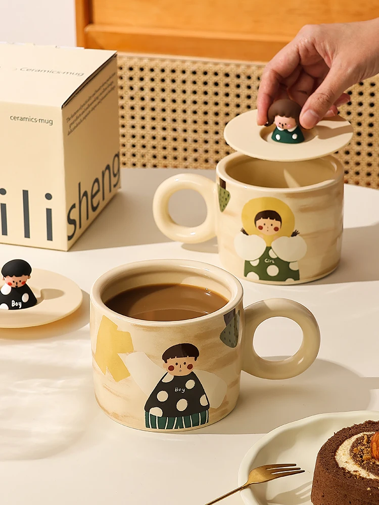 Couple Series Ceramic Mugs Silicone Lid Set Cartoon Boy and Girl Printed Cute Coffee Cup Home Cafe Afternoon Teacup Friend Gift