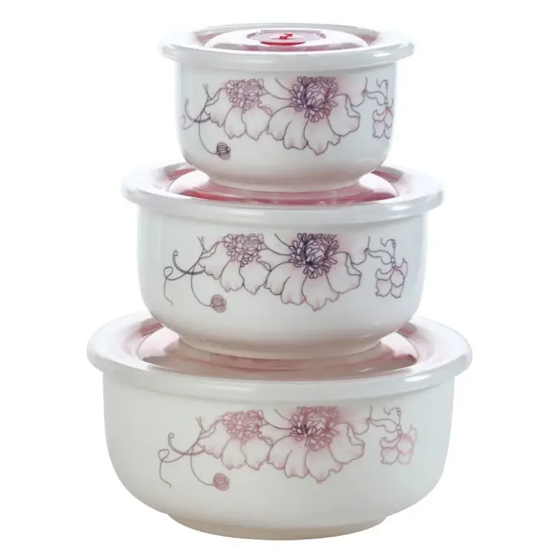 Microwave heating bowl set Ceramic bowl with lid large fresh-keeping bowl Household sealed box Three-piece set with rice