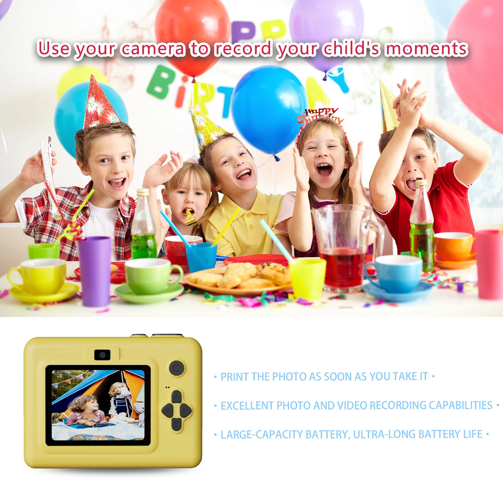 Instant Print Camera for Children Suitable for girls and boys aged 4 and above, featuring a dual-lens camera with a 32GB memory
