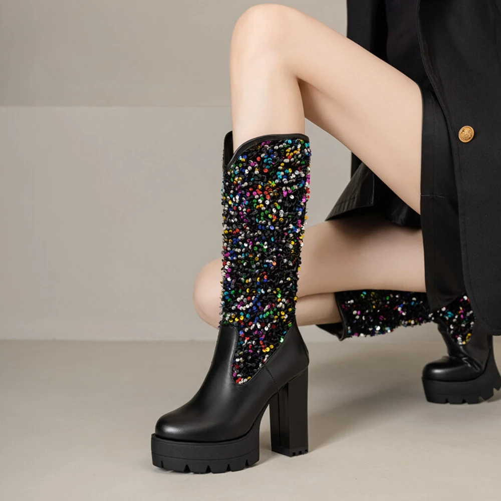 سميكة سوليد الكعوب 11.5 سنتيمتر بريق الترتر حذاء برقبة للركبة الخريف الشتاء منصة الأحذية أسود مثير سيدة عودة سستة حجم كبير 48 8-5 #4