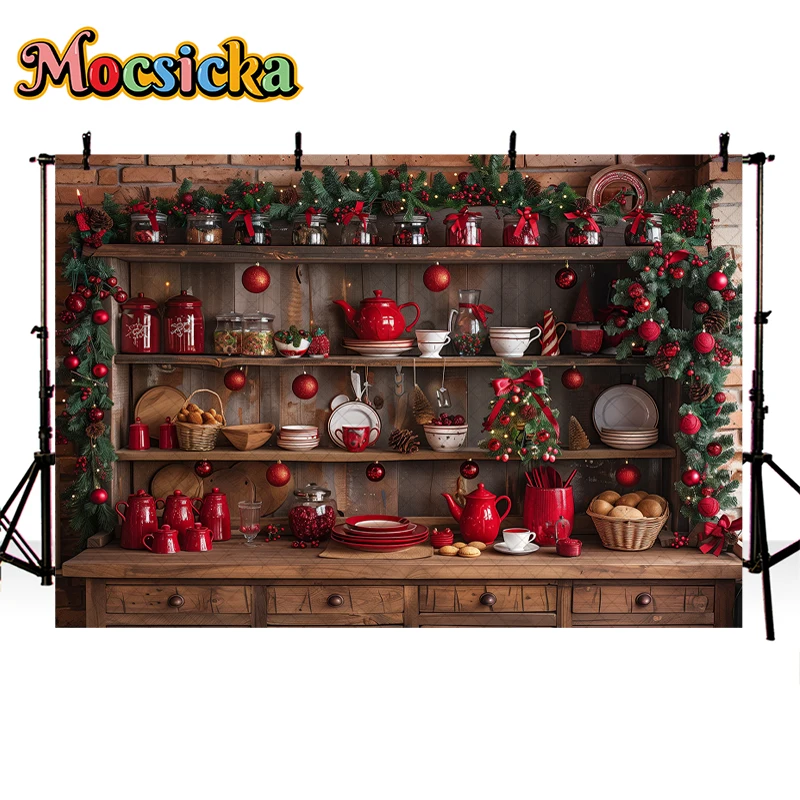 Mocsicka Christmas Kitchen Photography Backdrop Cupboard Retro Wood Wall Cook Decor Background Studio Newborn Baby Portrait Prop