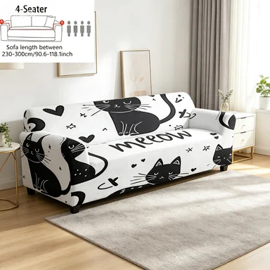 Light Gentle FloralBranch Print Protector,Elegant Ditsy Leaf Sofa Cover,BlackWhite Cartoon Cat Allover Print Dustproof Slipcover