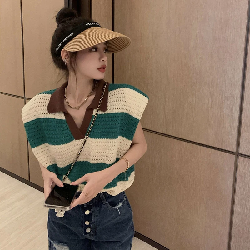 

Summer Hollow Out Striped Print Women Polo T Shirts Fashion All-match Casual Harajuku 2xl Oversized Knitted Clothing Green Pink