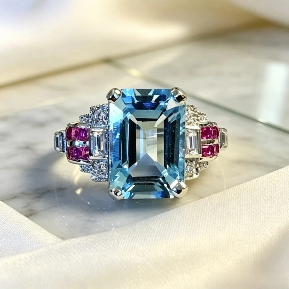 Exquisite 925 Sterling Silver Topaz and Aquamarine Ring with Embedded Red Corundum Jewelry. Trendy Ring.