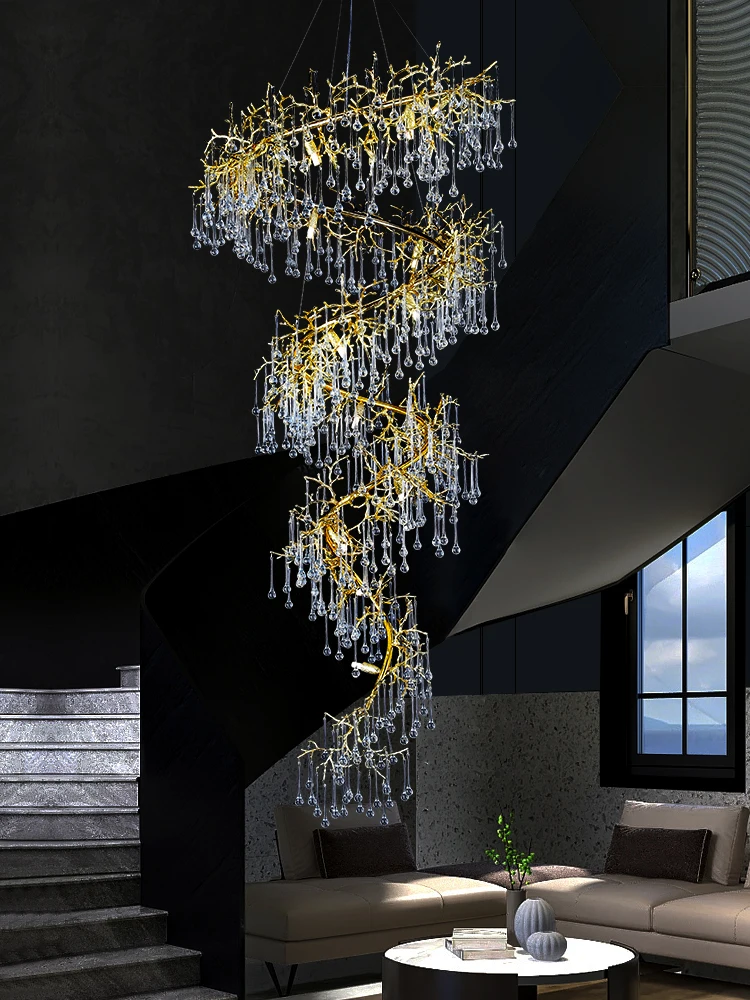 Light Luxury 2024 New Creative Aluminum Branch Hotel Lobby Duplex Building Villa Staircase Crystal Pendant Light