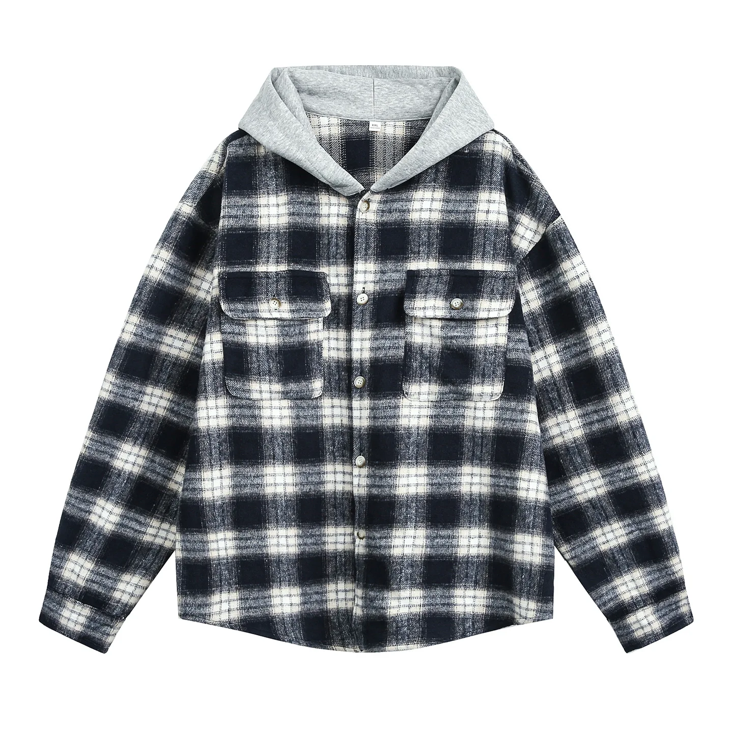 2026 New Color-Contrasting Patchwork Check Long-Sleeved Hooded Shirt for Men - Fall Loose Fit Trendy Brand Shirt Jacket