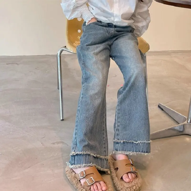 Girls' Loose Jeans Long Pants2025Autumn New Fashion Foreign Trade Children's Clothing Wholesale3-8Years Old