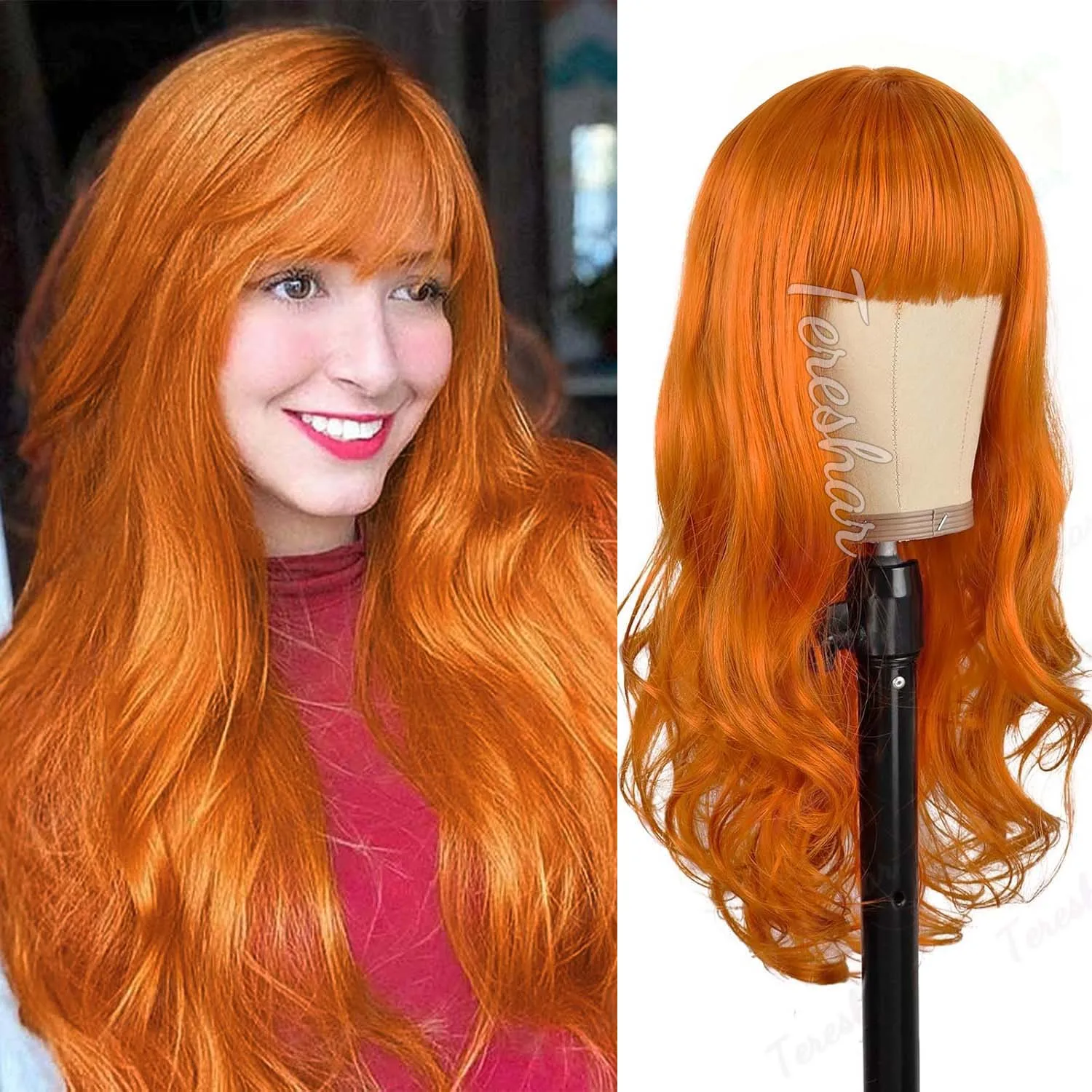 

Синтетический оранжевый парик с челкой, длинный вьющийся волнистый оранжевый парик для женщин, Хэллоуин Дафна, косплей, повседневный парик, разноцветный парик