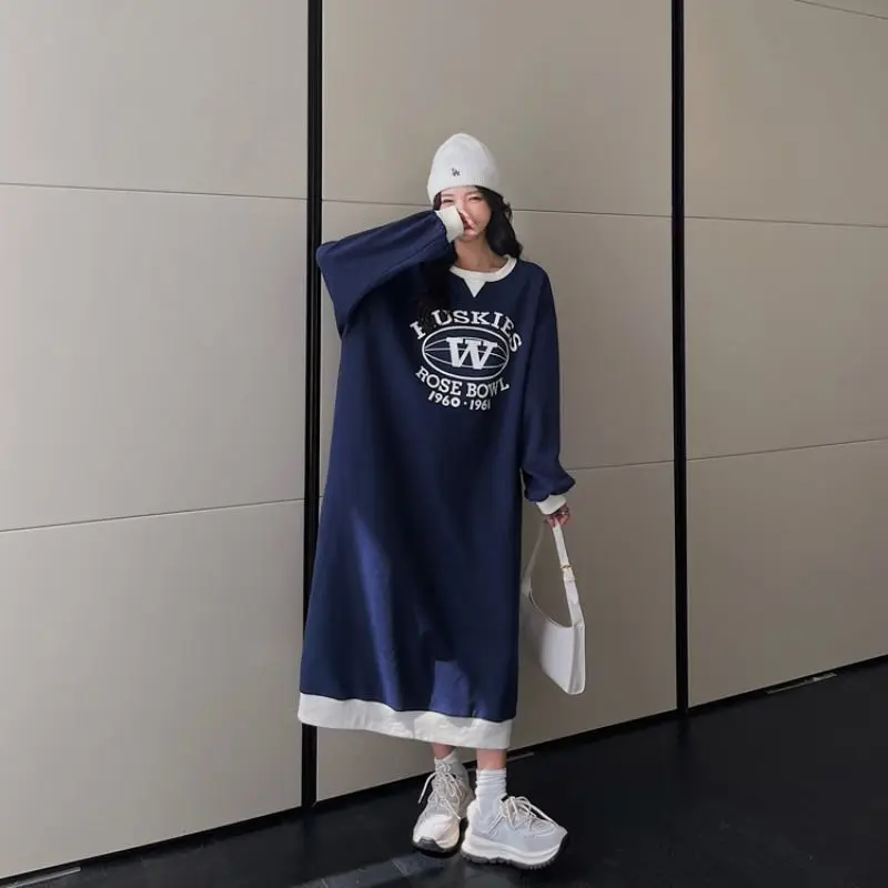 2023 New O-neck Pullovers Autumn Winter Thin Fashion Loose Long Dress Streetwear Dresses Printing Young Style Women\'s Clothing