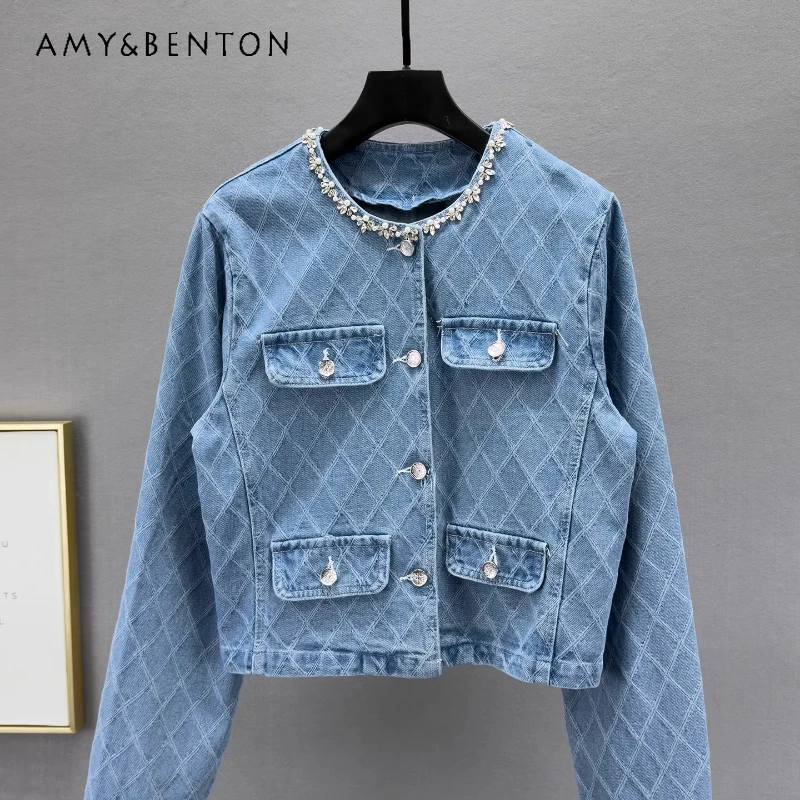 

Original Heavy Industry Design Bead-encrusted Women's Denim Coat Spring 2026 Slim Thin Retro Short Long-sleeved Jackets Ladies