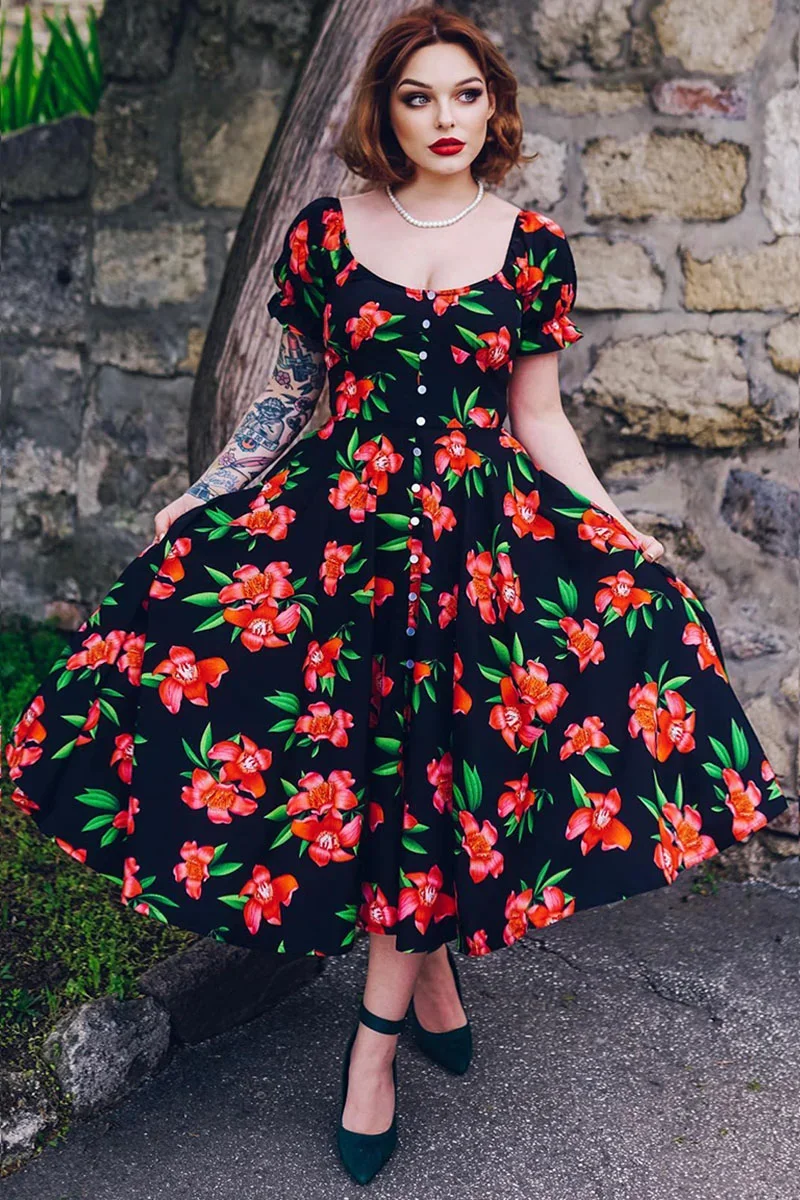 

Plus Size Floral Print Off The Shoulder Single-breasted Fitted Waist Swing Bell Midi Dress Elegant A-line Short Sleeve Dress