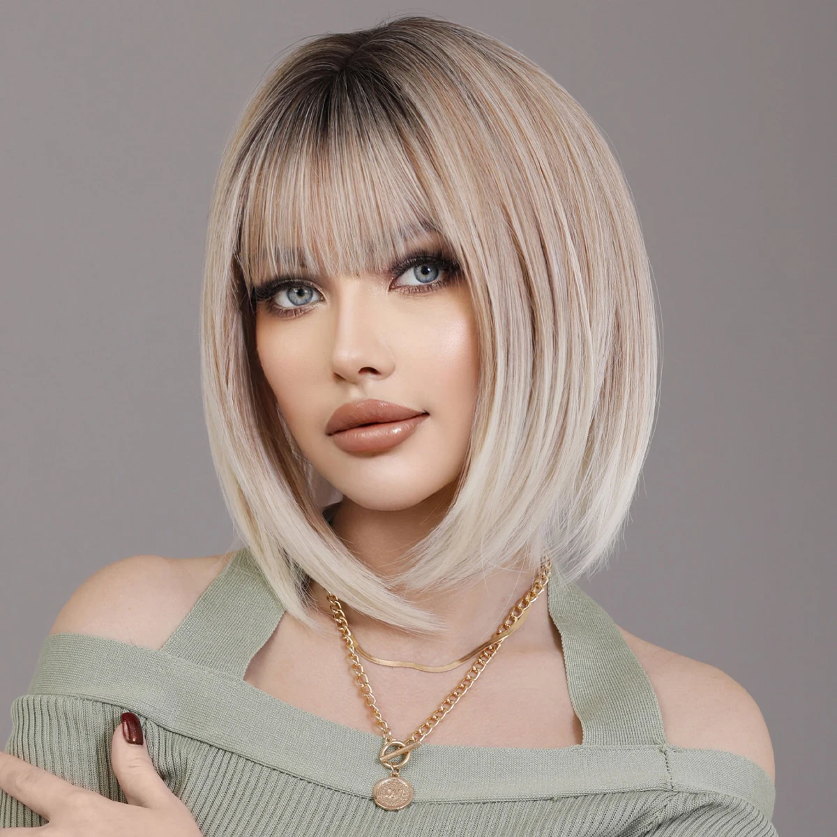 NAMM Ash Ombre Bob Blonde Women Wig for Women Daily Party Short Straight Wigs Syntetyczne peruki z puszystą grzywką Odporne na ciepło