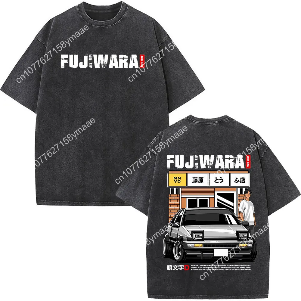 Anime Initial D Drift AE86 Washed Vintage Print T-shirt RX-7 R34 Skyline GTR JDM T-shirts Men Women's Harajuku Cozy Oversized T