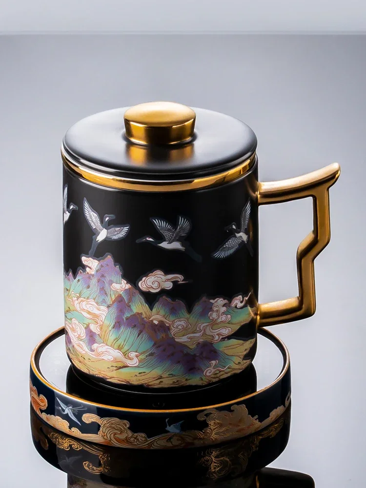 Mug Ceramic Hand-Painted Chinese InkStyle Chinese Tea Water Separation Household Insulation with Lid OfficeCup Hot Discoloration