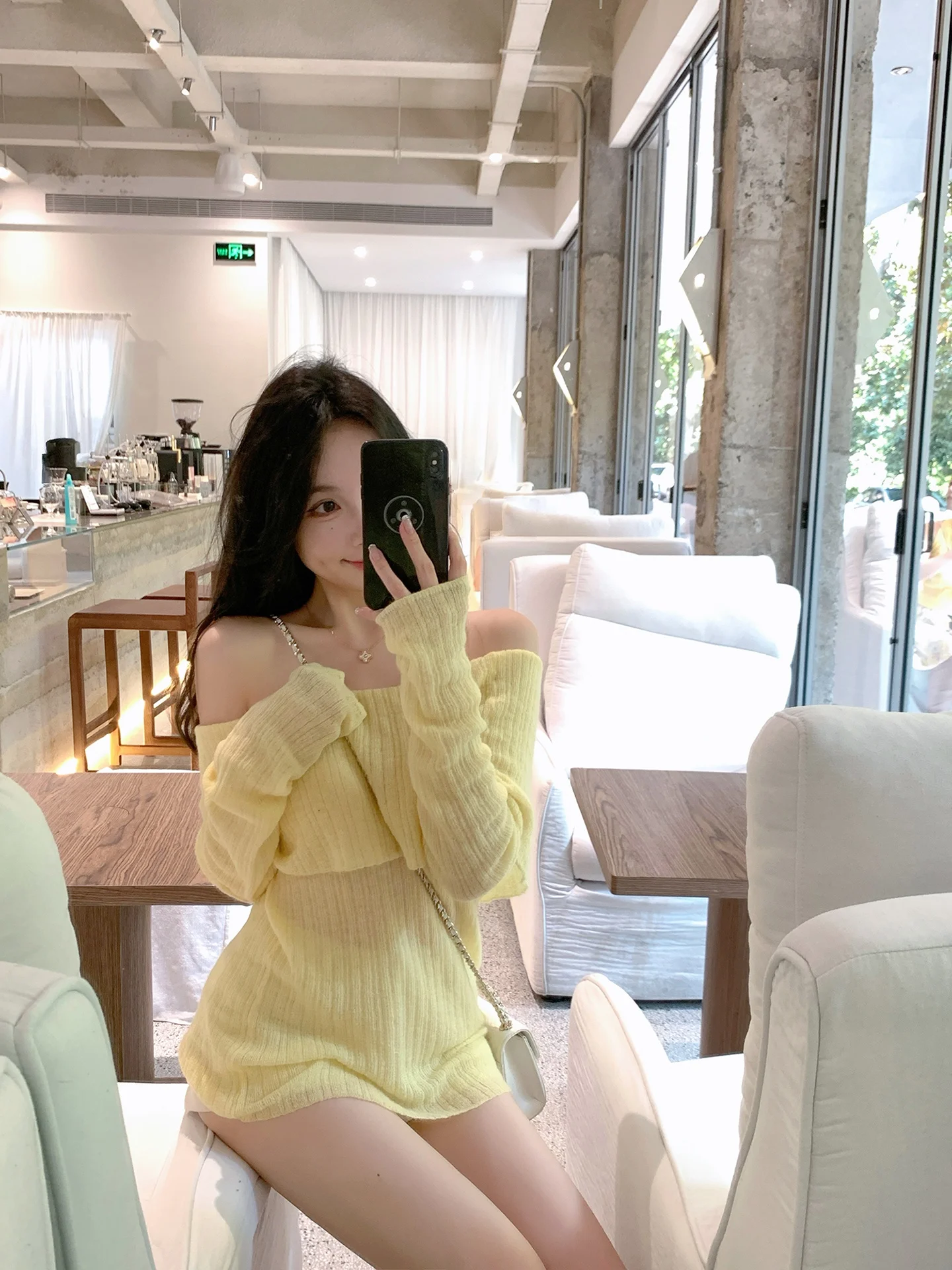 Yellow Shoulder-Bared Knitted Sweater Women's Pure Desire Style Mixed Fiber Long Sleeve Regular Fit Sweet Style Autumn New Ar...