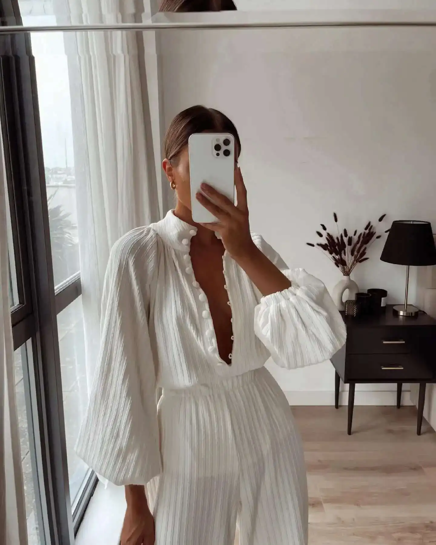 BabYoungPlisowane jednolite spodnie zestaw damski luźna koronka V Neck spodnie z wysokim stanem rozkloszowana koszula z rękawami typu lampion garnitur damski