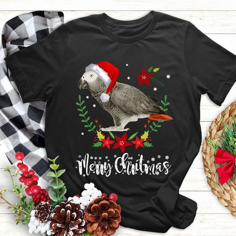 面白い灰色のオウム クリスマス アフリカ柄 鳥愛好家へのギフト BirbXmas グラフィック Tシャツ ユニセックス 通勤 オールマッチ カジュアルスタイル Tシャツ