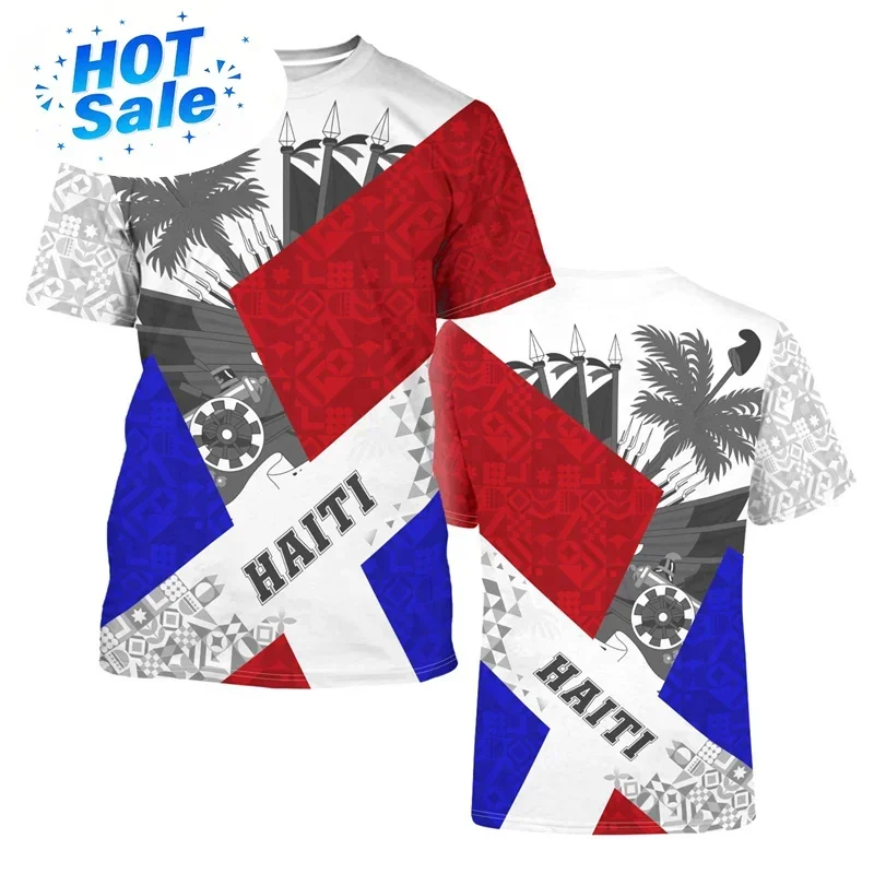 Fashion 2025 Haitian Flag Pattern T-shirt 3D Printed Haiti National Day Short Sleeves Tops Fashion Street T Shirt Crew Neck Tees