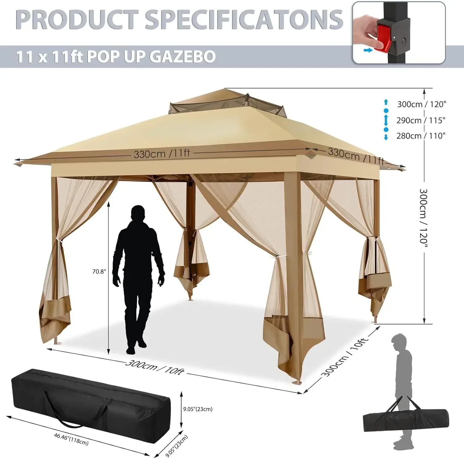 

Всплывающая беседка 11x11, палатка с навесом с одним нажатием, Carpas Para Patio, наружное навесное навесное устройство с двойной крышей, 121, квадратные ножки