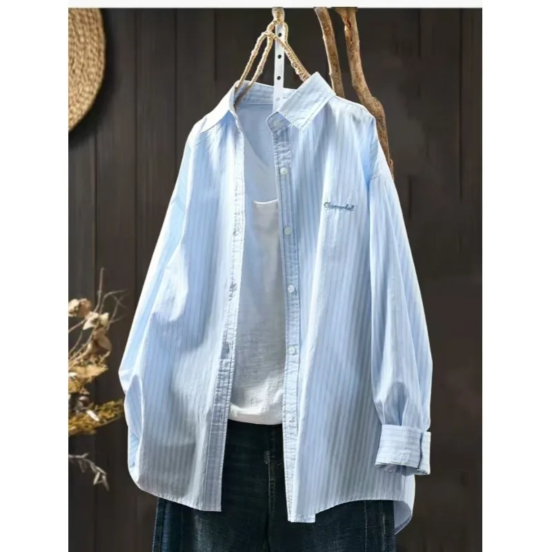 

plus Size Women's Shirt Jacket Spring Autumn New Style Letter Embroidery Striped Long Sleeve Loose Top Casual Wear Comfortable