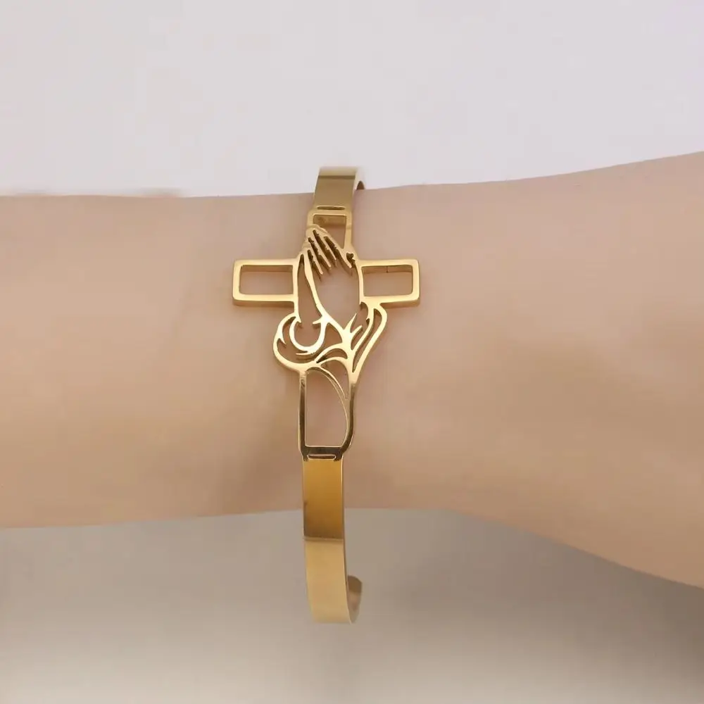 Polished Stainless Steel Cross Bangle Tarnish-Resistant Open-Ended Design Cuff Bracelet Timeless Appearance Skin-Friendly