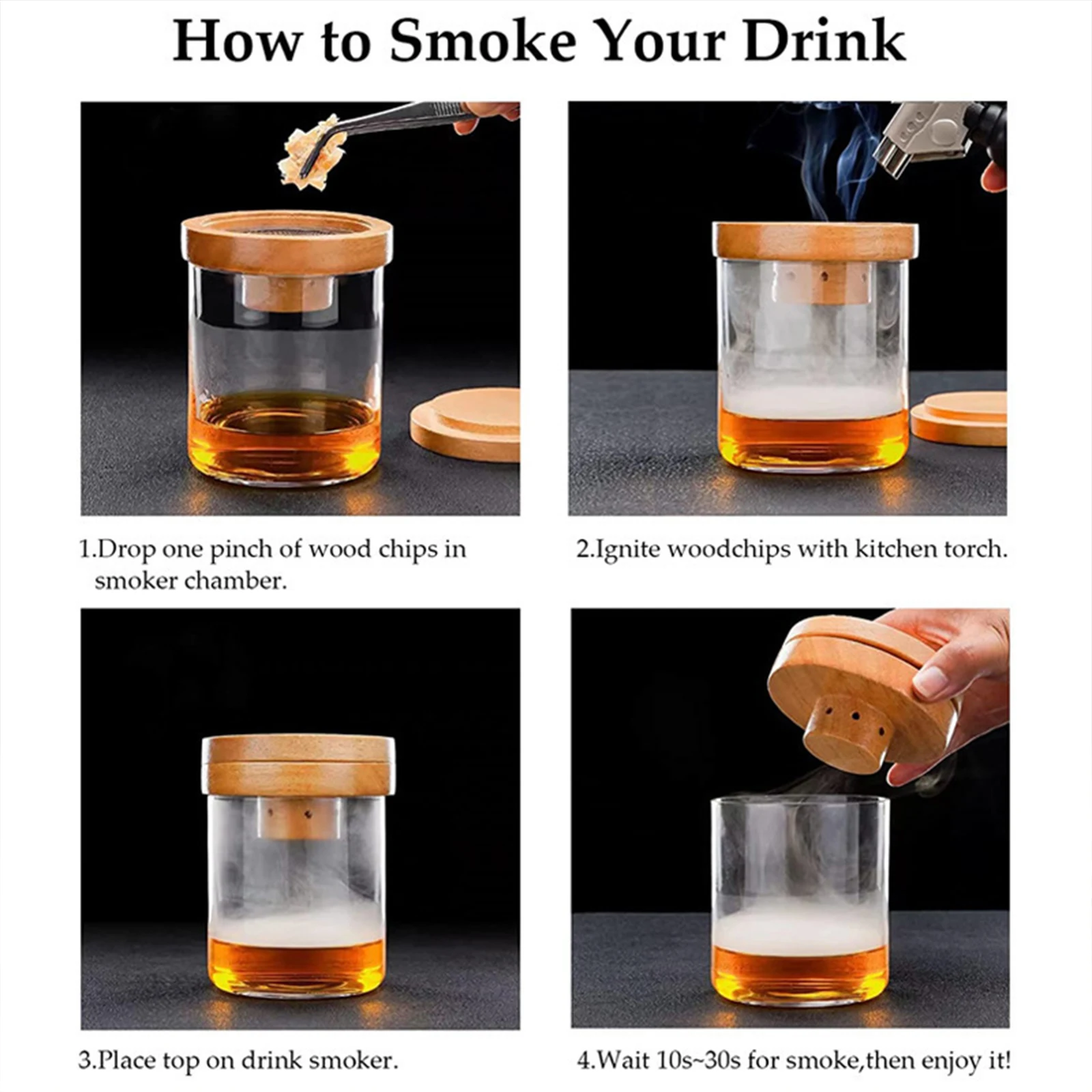 Cocktail Smoker Kit,Smoking Set with 4 Wood Chips,Old Fashioned Whiskey Smoker Drinks Kit,Cocktail Accessories for Whiskey,Drink