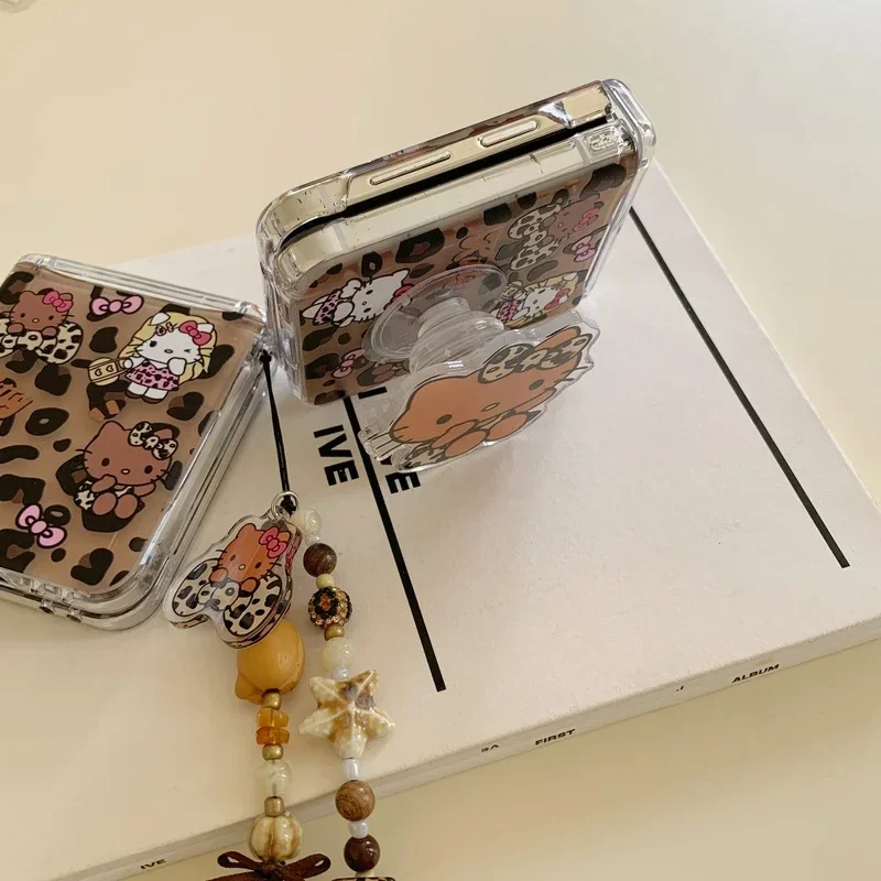 Schattige Cartoon Sanrio Luipaard Print Hello Kitty Card Portemonnee Zak Telefoonhoesje Voor Samsung Galaxy Z Flip 6 5 4 3 Zachte Tpu Hoes