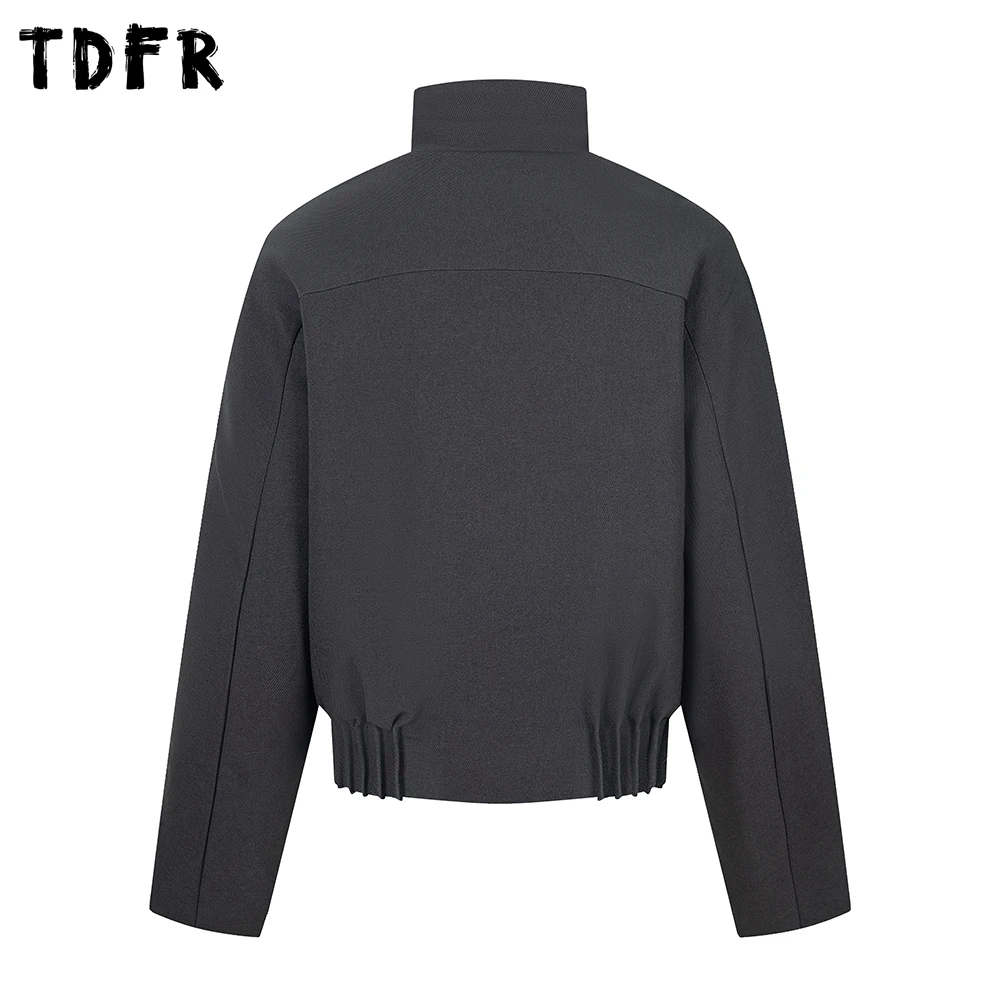 Jaqueta acolchoada de carga de cor sólida masculina bainha plissada inverno retro casual gola manga longa grosso outerwear homem