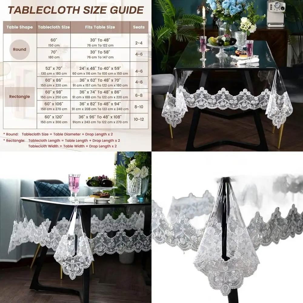 White Rectangle Waterproof PVC Tablecloth with Lace Macrame, 60x106, Oil Resistant, Ideal for Dining and Celebrations
