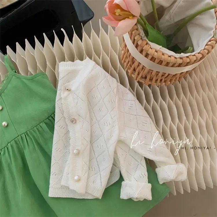 Girls Air-Conditioning Sweater 2026 Summer New Solid Color Hollow Knit Childrens Sun Protection Cardigan Jacket