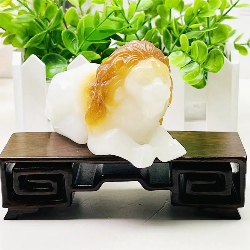 Natural White Marble Jade Lion Carving Crafts, Polished Animal Figurine, Home Ornament, DIY Gift, 1Pc