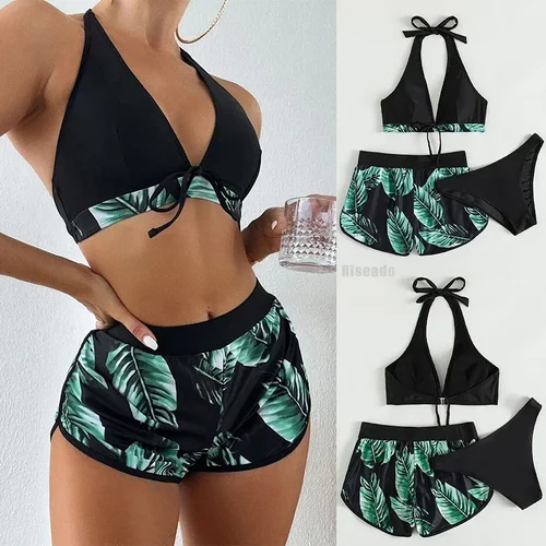 Imagen 1 del producto Bikinis de playa sexis para mujer, conjunto de Bikini de tres piezas, traje de baño de cintura alta, traje de baño con estampado de hojas, ropa de playa para mujer, traje de baño