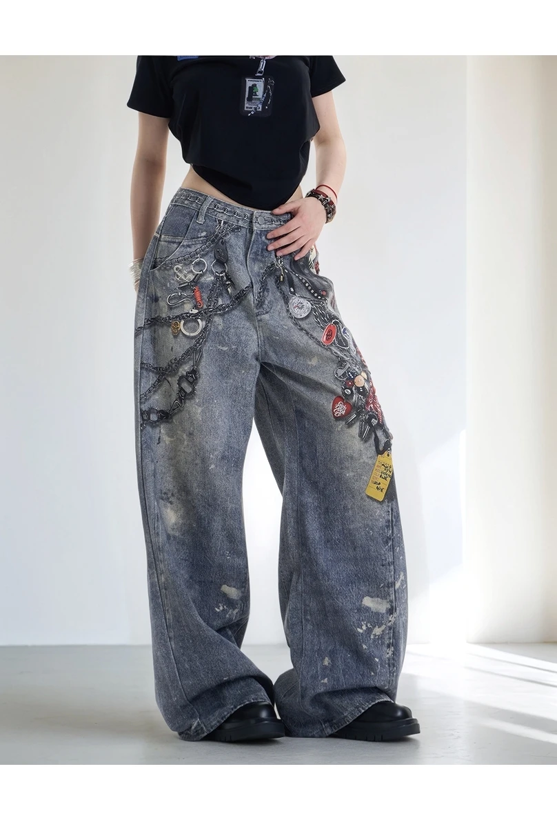 Chic moda pintada feminina 3d correntes impressas jeans americano retro cintura alta casual calças jeans feminino na moda estilo de rua