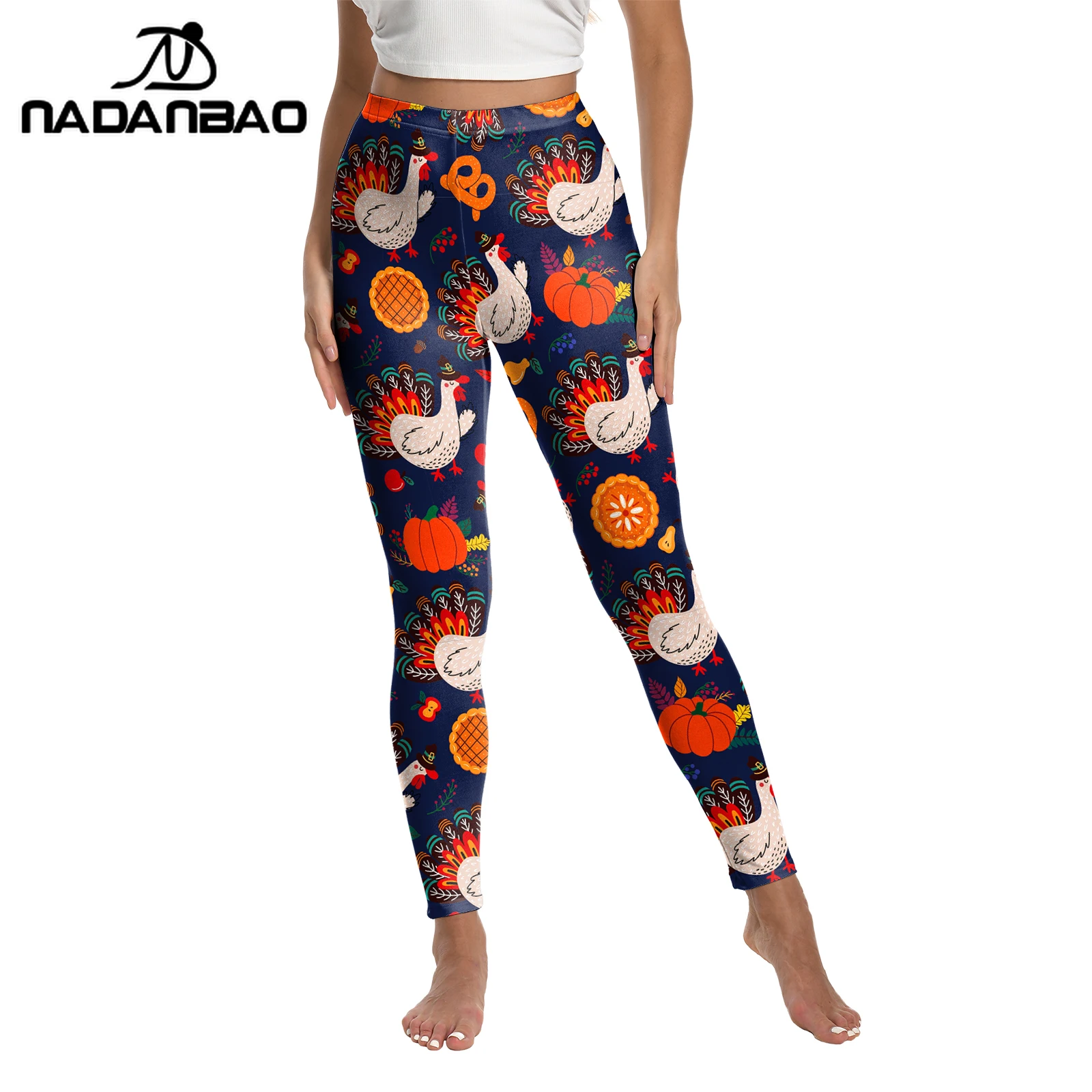 กางเกงเลกกิ้งลายใบเมเปิ้ลตุรกี Nadanbao สำหรับเทศกาลวันขอบคุณพระเจ้า กางเกงพิมพ์ลายสีสันสดใสสำหรับผู้หญิง กางเกงยืดหยุ่นสำหรับออกกำลังกาย ยิม โยคะ