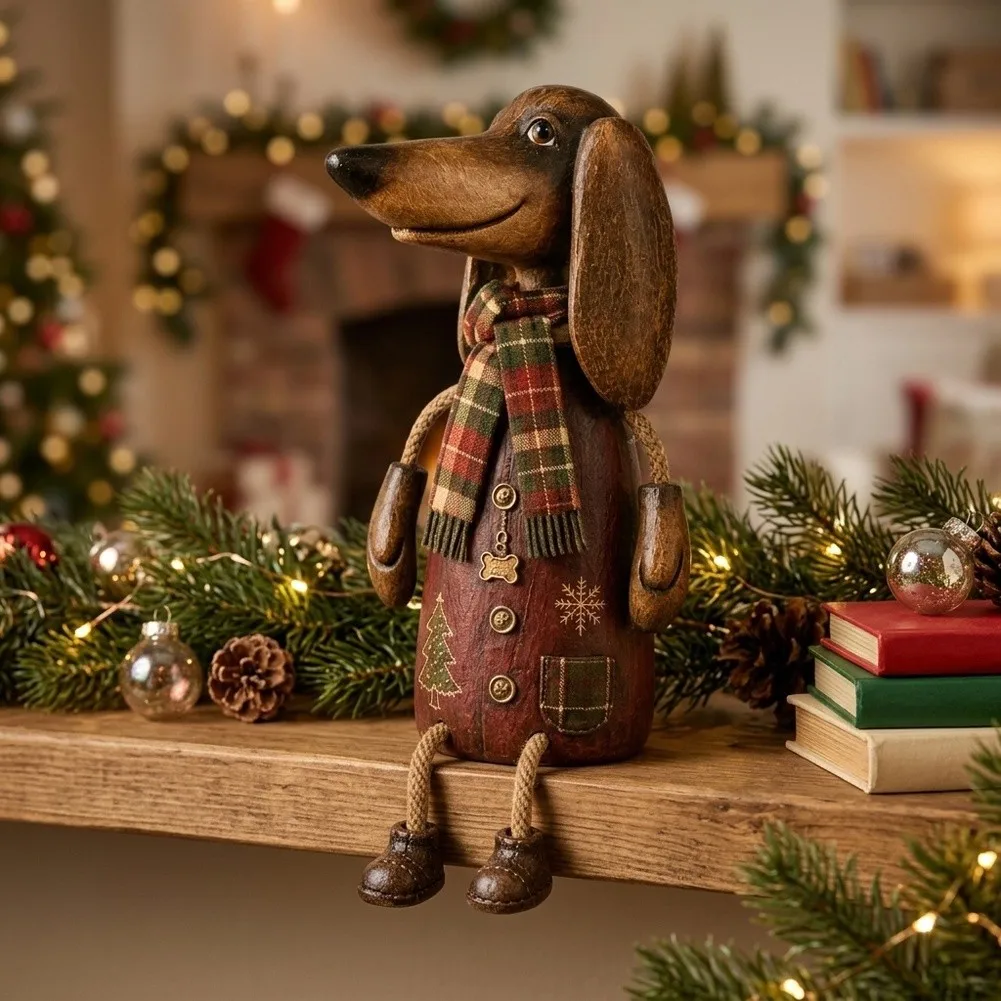 Vintage Christmas Dachshund Shelf Sitter 12cm Brown Resin Figurine Festive Holiday Home Decor Ornament For Mantel Table Display