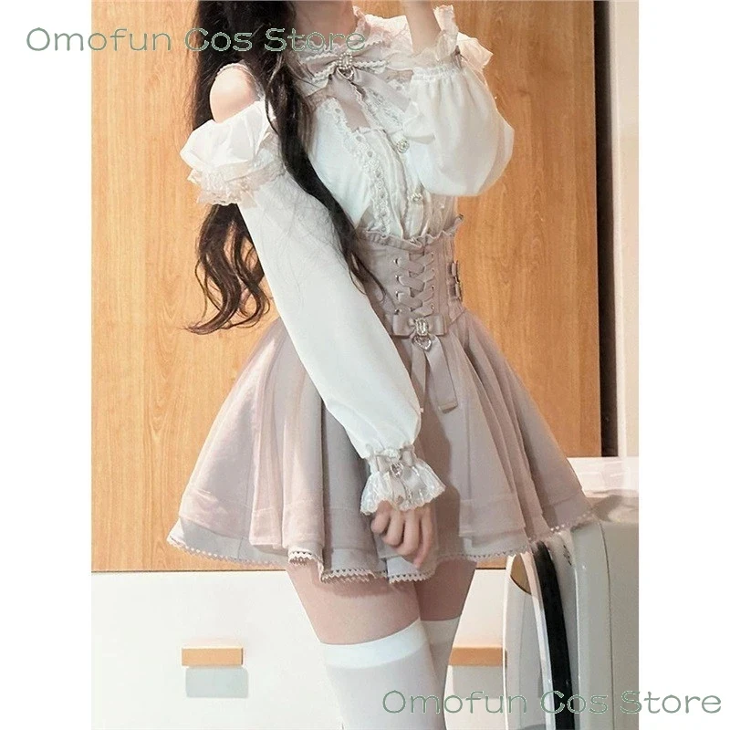 

ABC123Lolita Y2K Jirai Kei Christmas Party Clothes Japanese Style Women Lace Trimmed Bow Blouse High-Waisted Skirt Aut3;b,6/k'5;