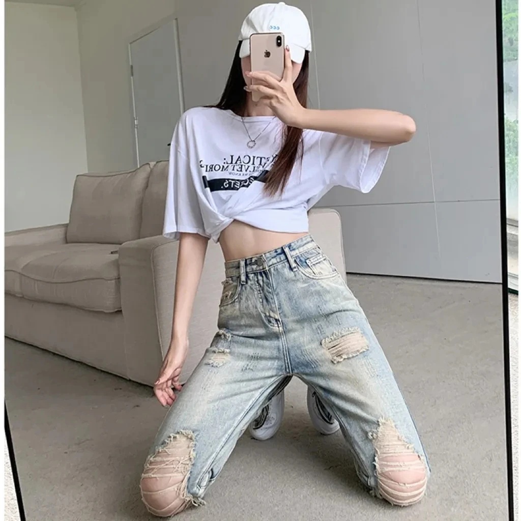 2023 Jeans Women Summer New Casual Perforated Fashion Versatile High Trousers Waist Slim Loose Straight Leg Long Pants Female