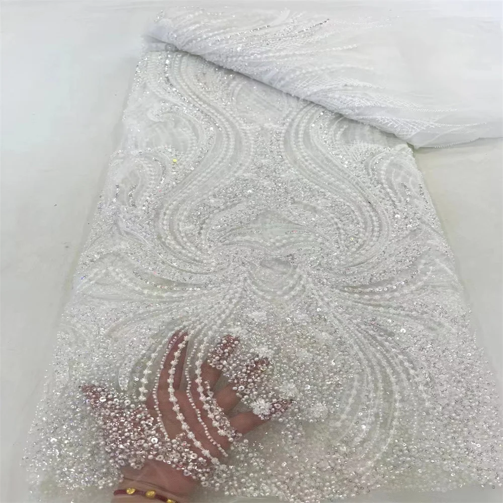 Tissu Africain en Dentelle Blanche de Luxe à Paillettes Perlées, Haute Qualité, Couture NigWin Française, pour Patients de Mariage, xc, 2024