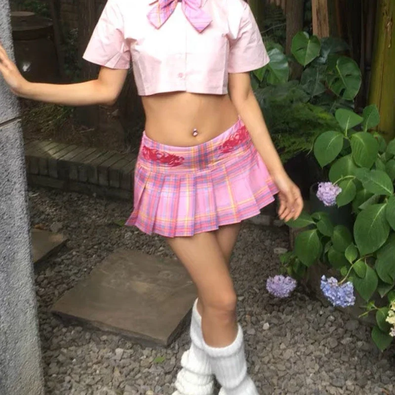 

HOUZHOU Japanese Y2k Pleated Skirt Women Pink Harajuku Kawaii Low Waist Embroidery A-line Mini Plaid Skirt Sexy Gyaru Summer