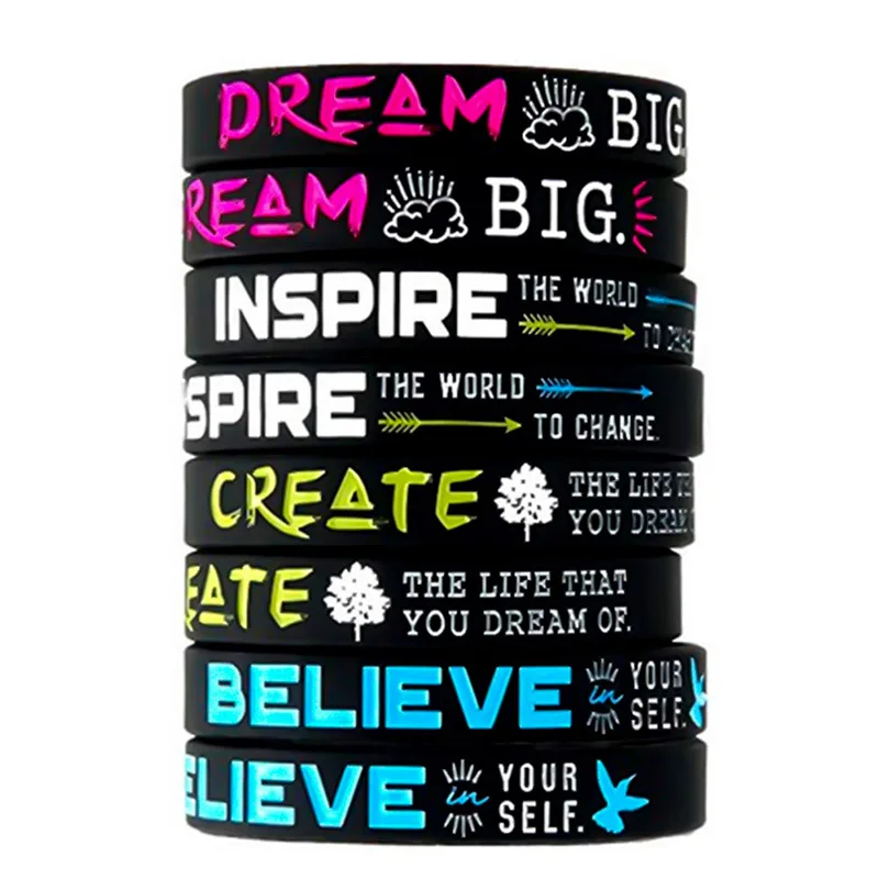 1 Pc  Dream Inspire Create Believe Inspirational Bracelets Motivational Messages Silicone Wristbands Ladies Size Holiday Jewelry