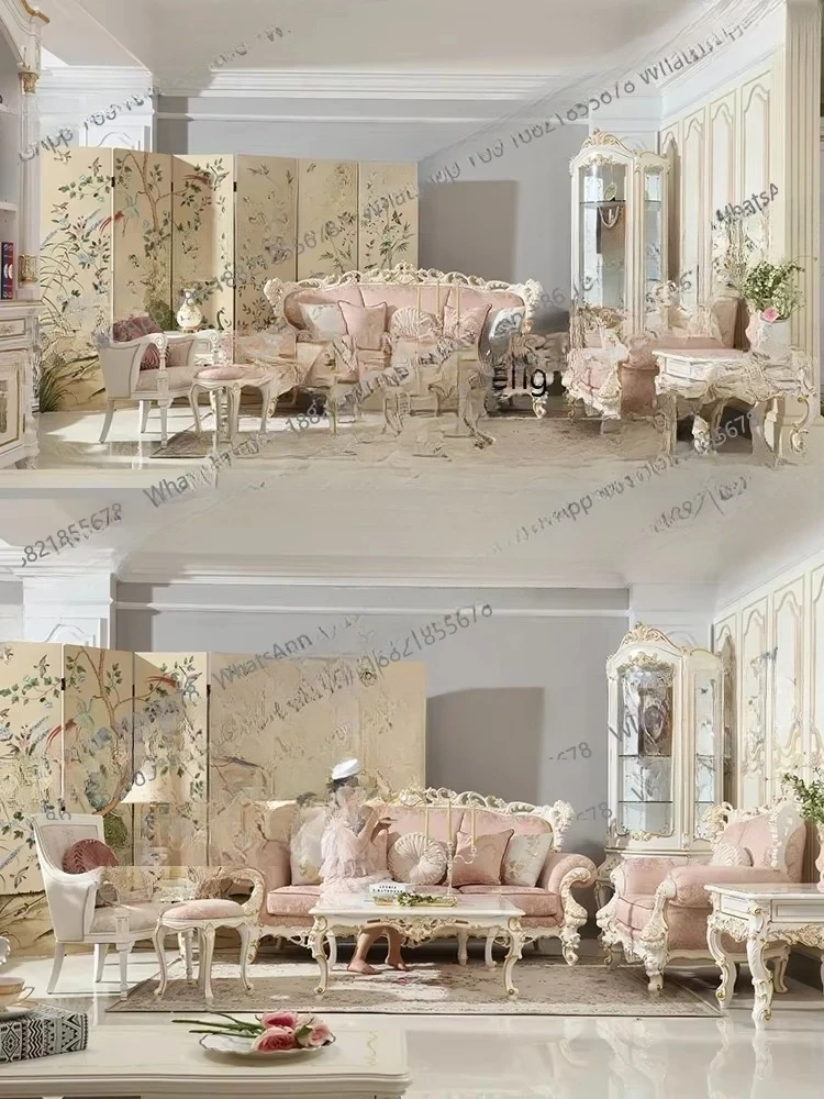 Pink Fabric Sofa Combination Living Room Solid Wood Hollow Carved  Furniture
