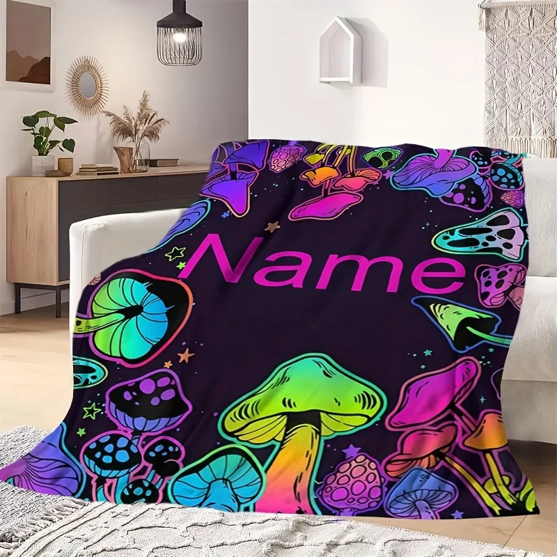 Mushroom custom blanket personalized design with your own name, text, colorful mushroom pattern custom blanket printing blanket